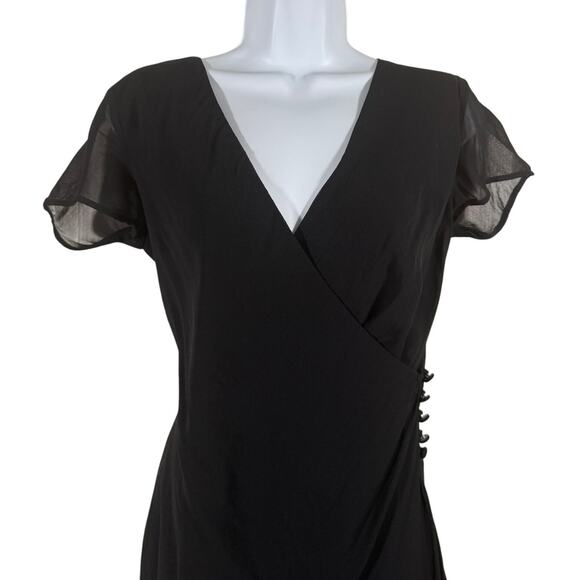 Vintage 90s Tessuto Black Flutter Sleeve Chiffon Button Front Wrap Dress Size M - Picture 4 of 7
